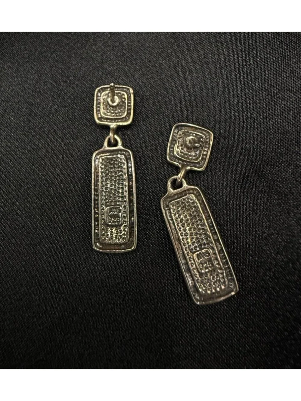 Vintage 925 Sterling Silver Rectangular Dangle Earrings With Floral Detailing
